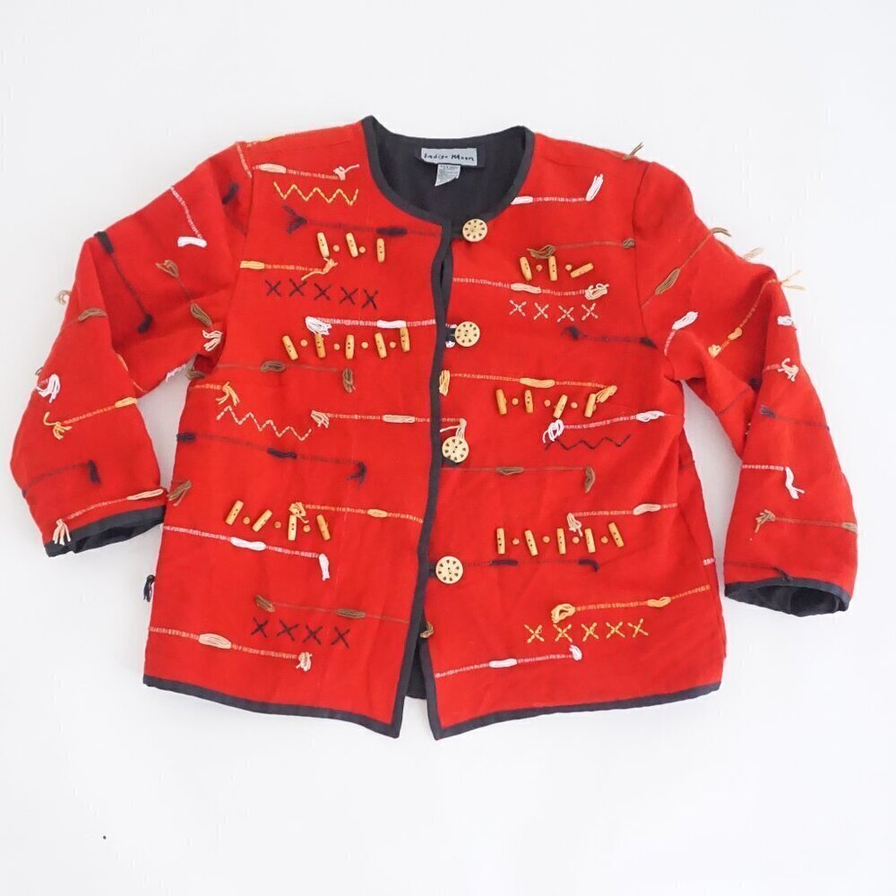 Vintage Indigo Moon Red 100% Cotton Beaded Embroidered Button Up Jacket M